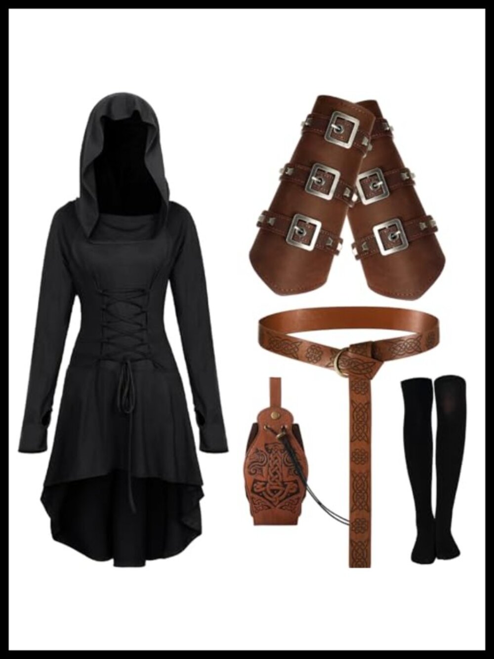 5pc Renaissance Costume Set Hooded Cloak Wrist Guards Belt Pouch Socks